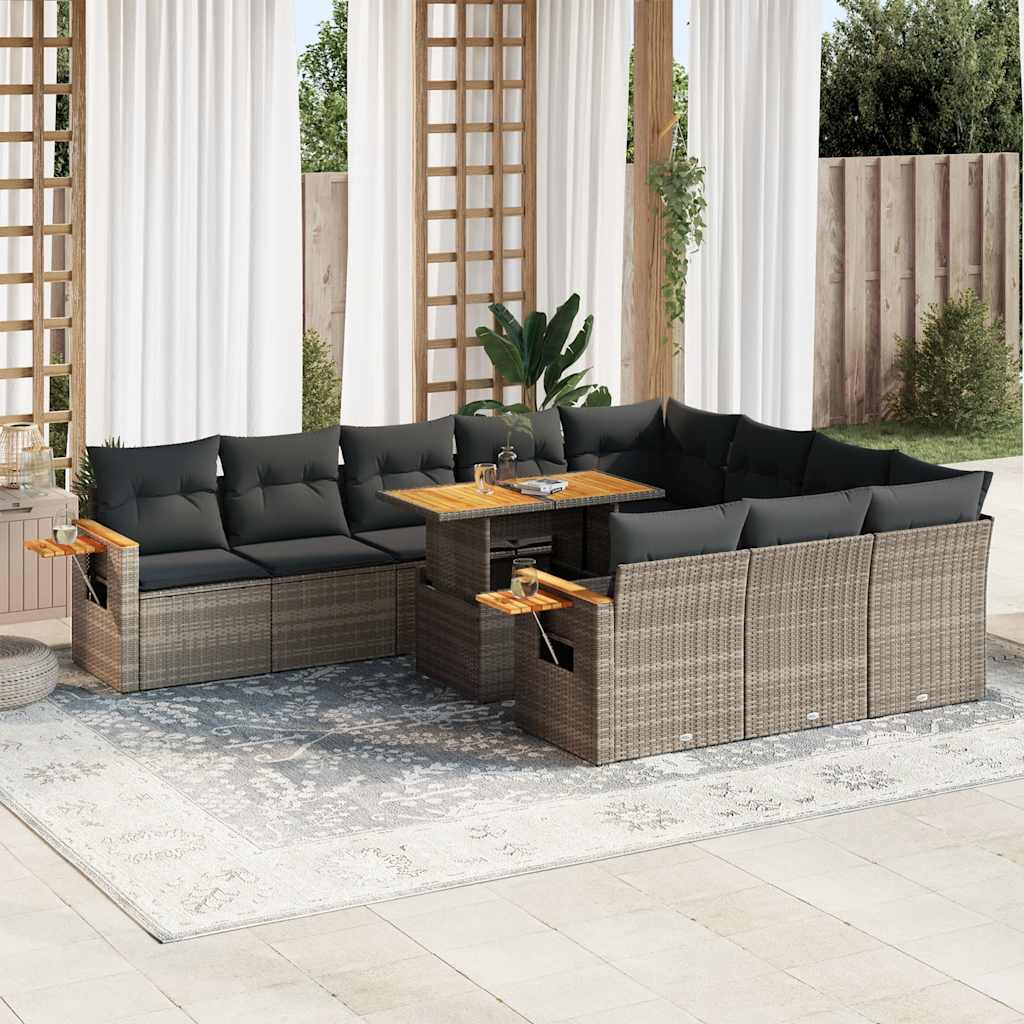 Set Divani Giardino 11 pz con Cuscini Polyrattan Acacia Grigio