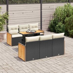 Set Divani da Giardino con Cuscini 7pz Nero Polyrattan Acacia