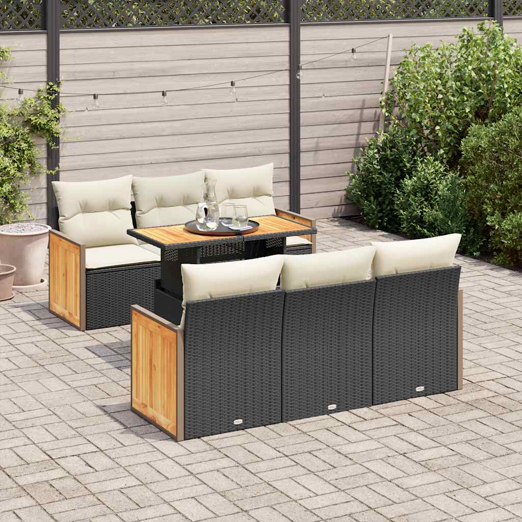 Set Divani da Giardino con Cuscini 7pz Nero Polyrattan Acacia