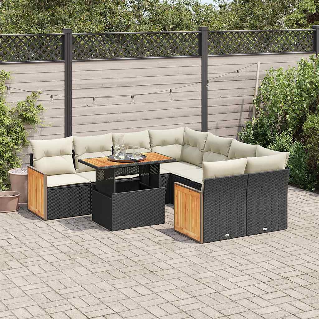 Set Divani da Giardino 9 pz con Cuscini Nero Polyrattan Acacia