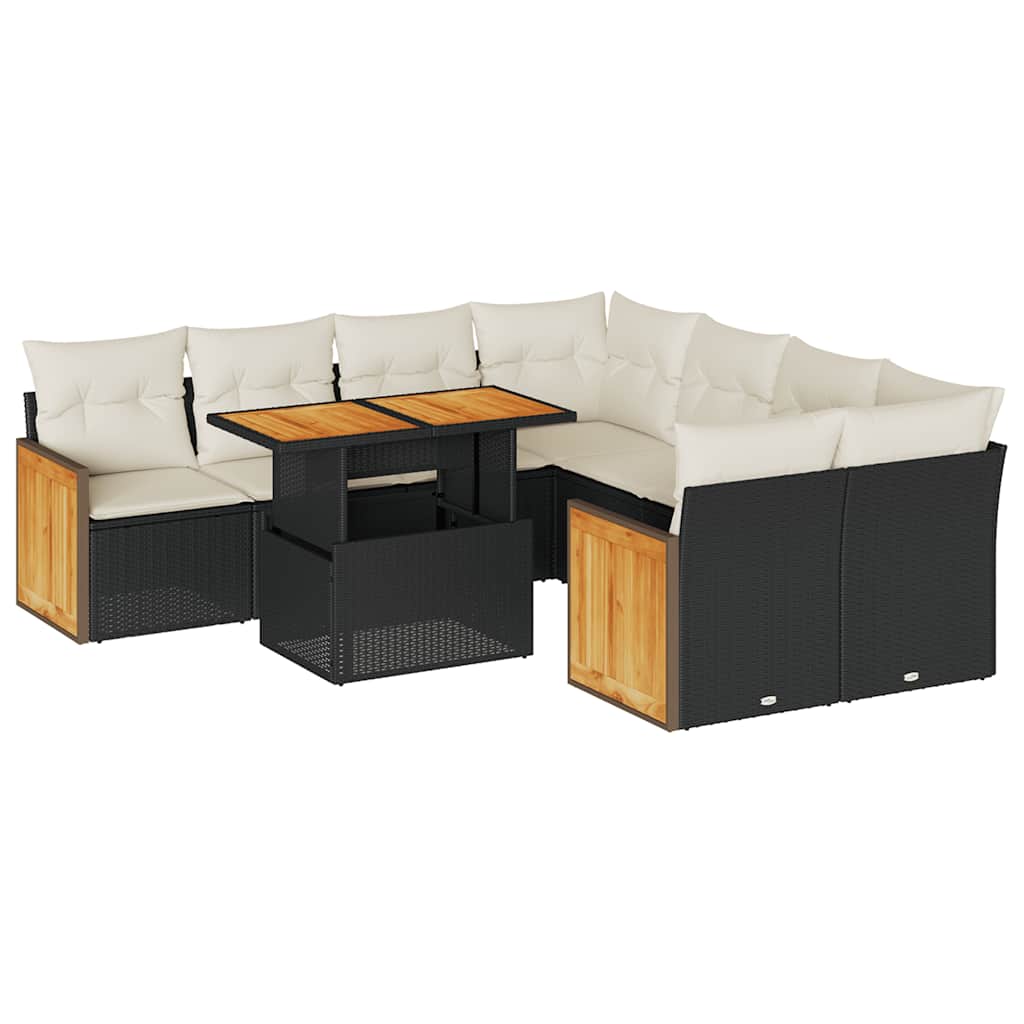 Set Divani da Giardino 9 pz con Cuscini Nero Polyrattan Acacia - immagine 2