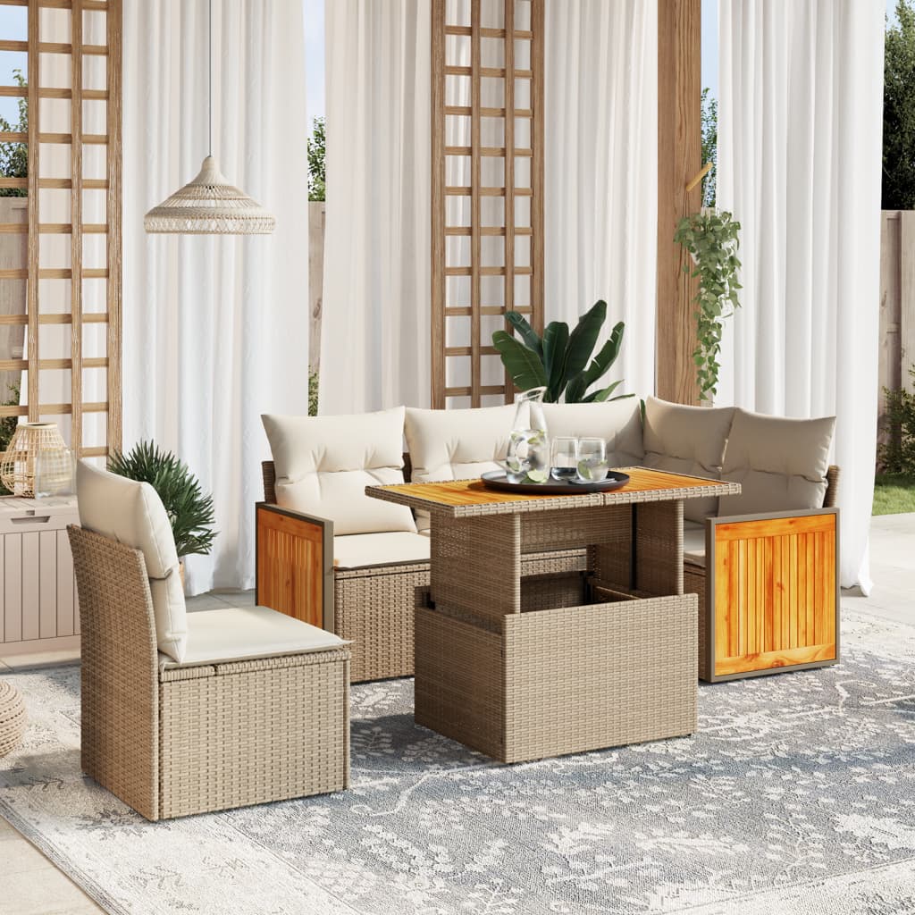 Set Divano da Giardino 6 pz con Cuscini Beige in Polyrattan