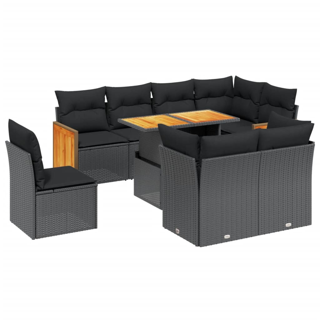 Set Divani da Giardino 9 pz con Cuscini Nero in Polyrattan - immagine 2