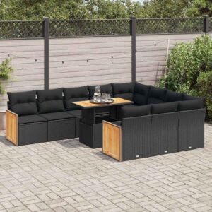 Set Divani da Giardino 11 pz con Cuscini Polyrattan Acacia Nero