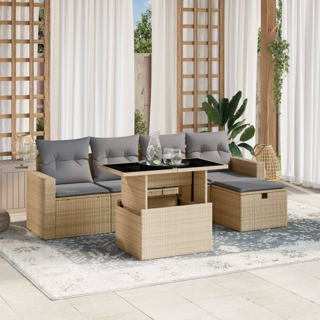 Set Divano da Giardino 6 pz con Cuscini Beige in Polyrattan