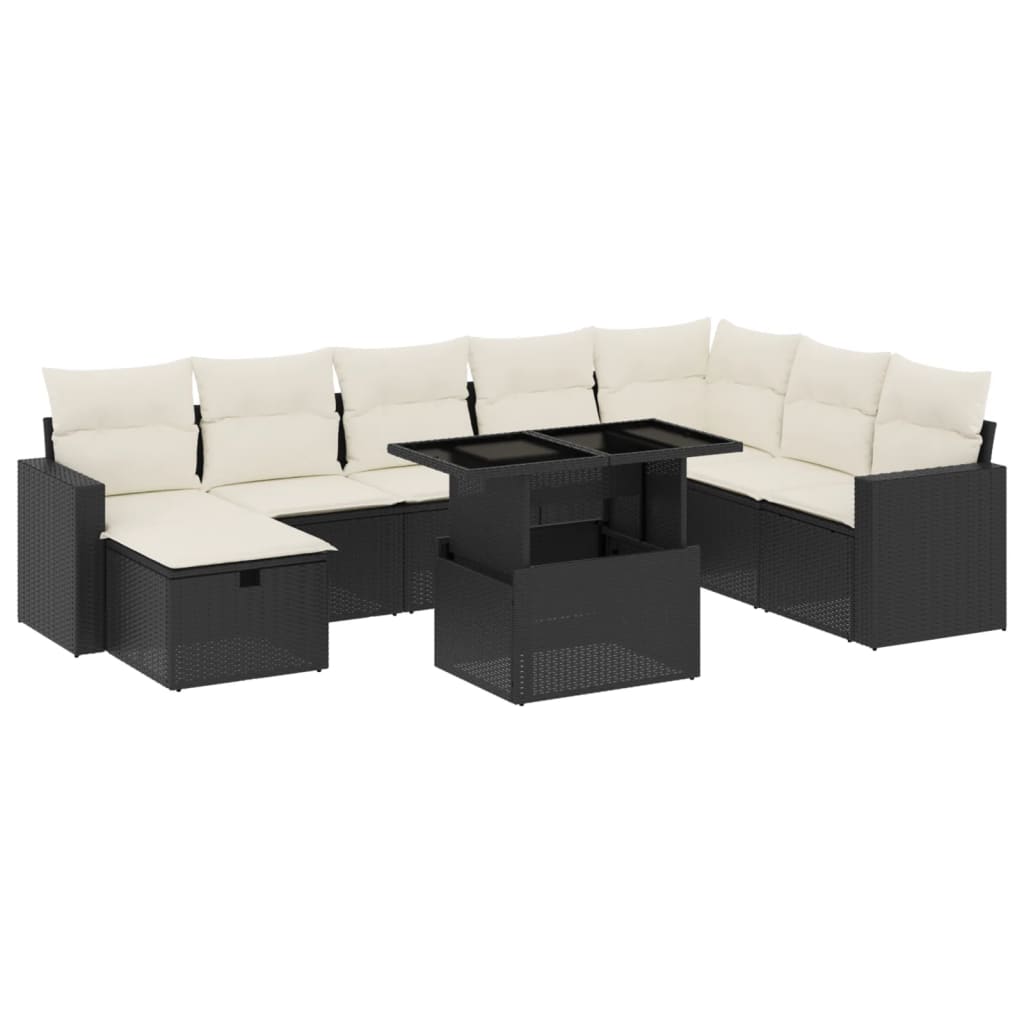Set Divani da Giardino 9 pz con Cuscini Nero in Polyrattan - immagine 2