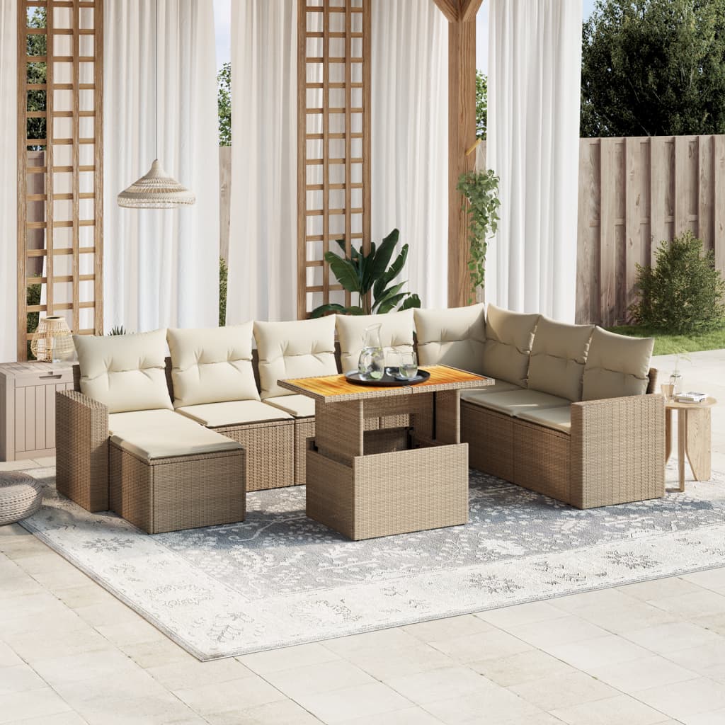 Set Divano da Giardino 9 pz con Cuscini Beige in Polyrattan
