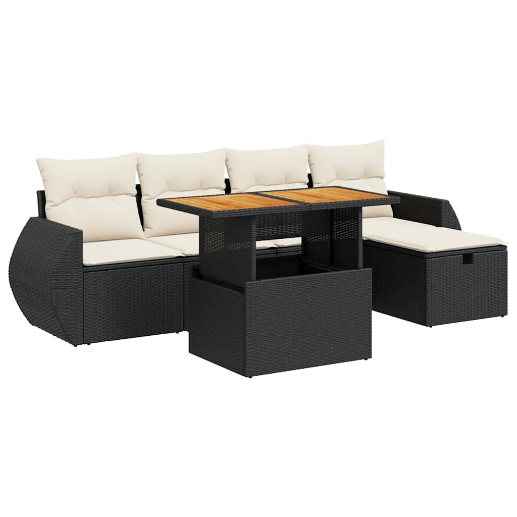 Set Divano da Giardino 6 pz con Cuscini Nero Polyrattan Acacia - immagine 2
