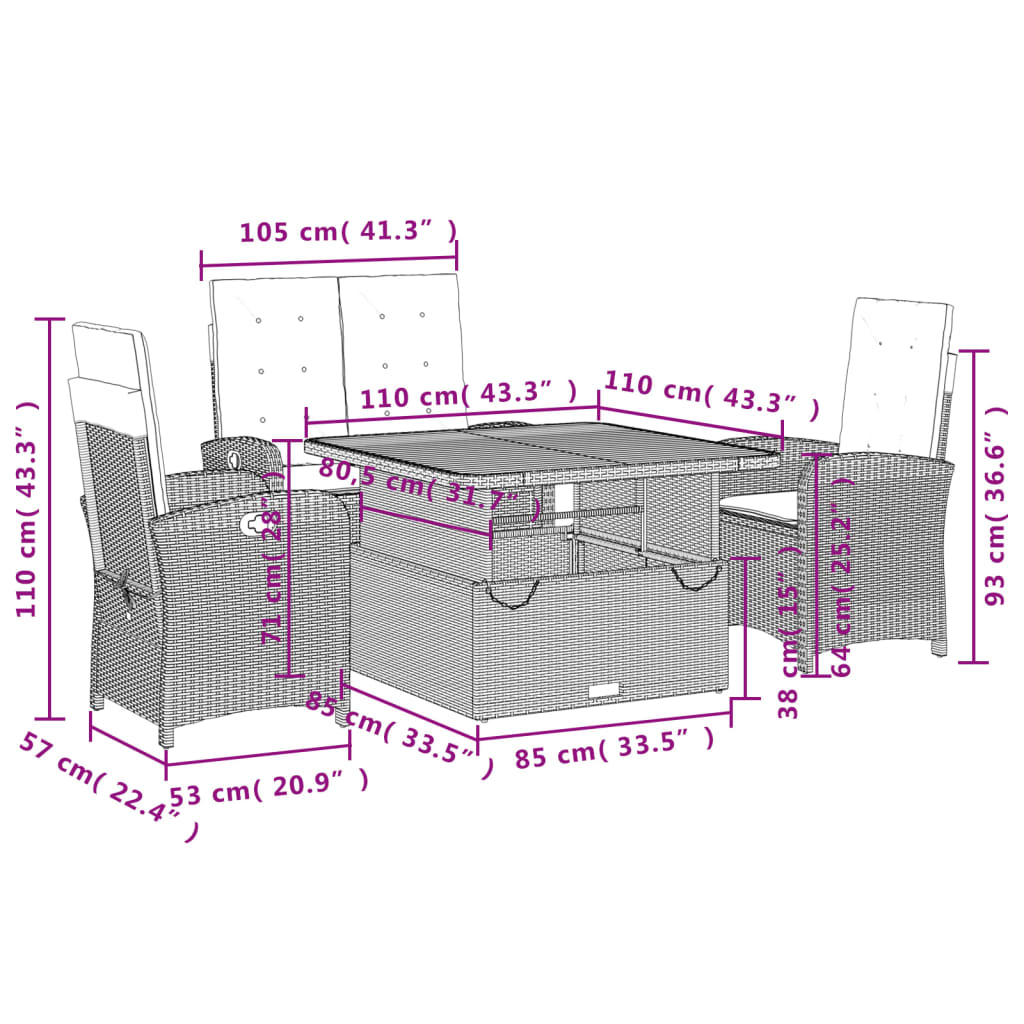 Set da Pranzo da Giardino 4 pz con Cuscini Beige in Polyrattan - immagine 8