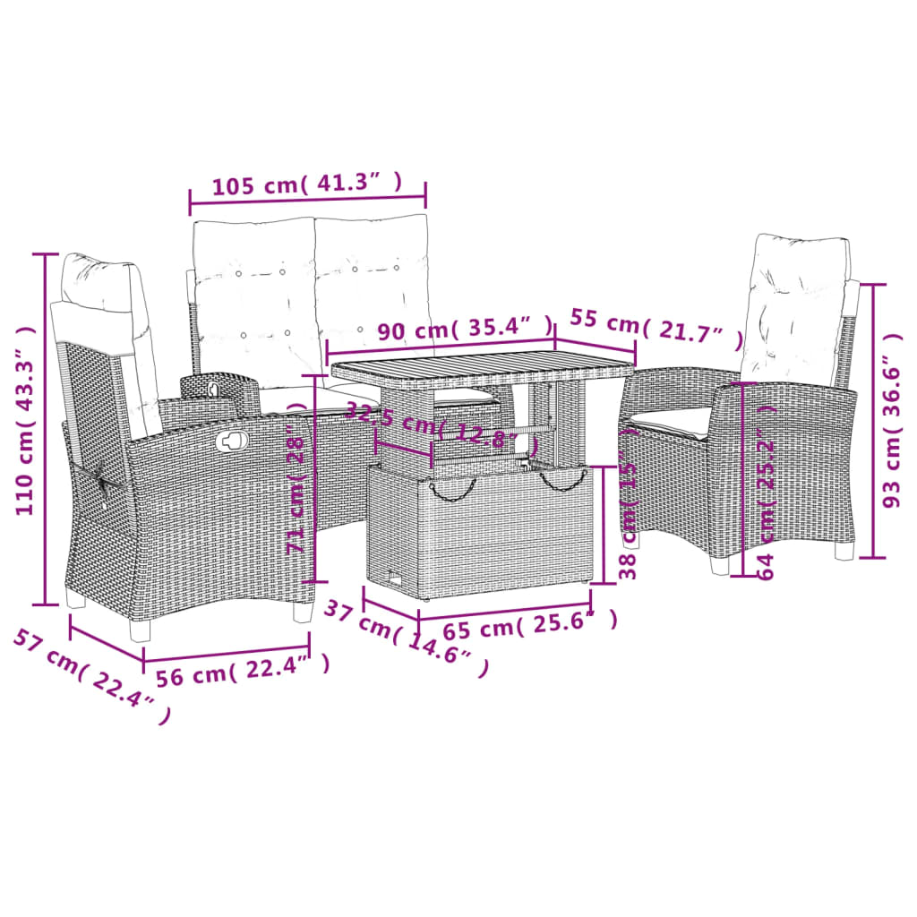 Set da Pranzo da Giardino 4 pz con Cuscini Nero in Polyrattan - immagine 8