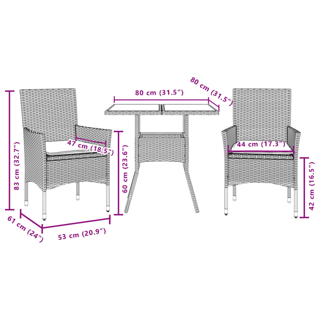 Set da Pranzo da Giardino 3 pz con Cuscini Polyrattan e Vetro - immagine 6