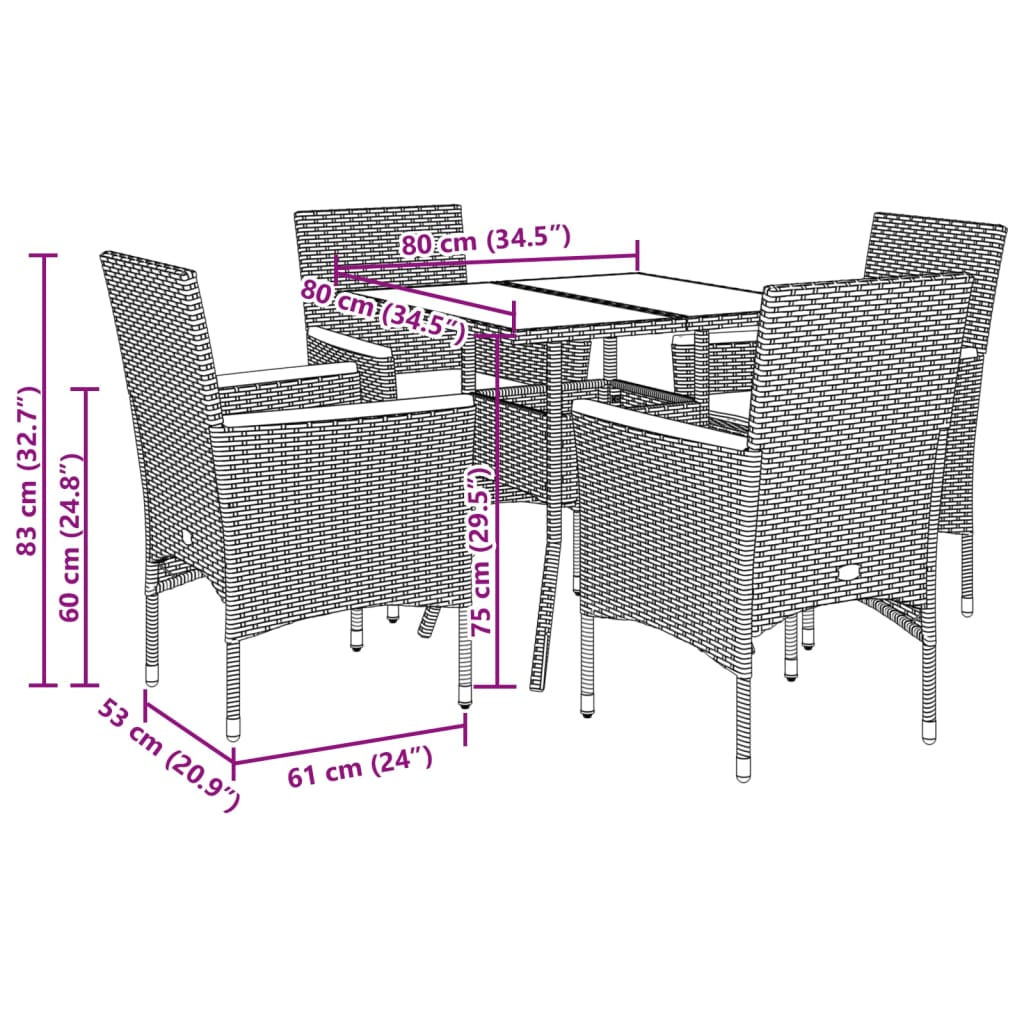 Set da Pranzo da Giardino 5 pz con Cuscini Polyrattan e Vetro - immagine 7