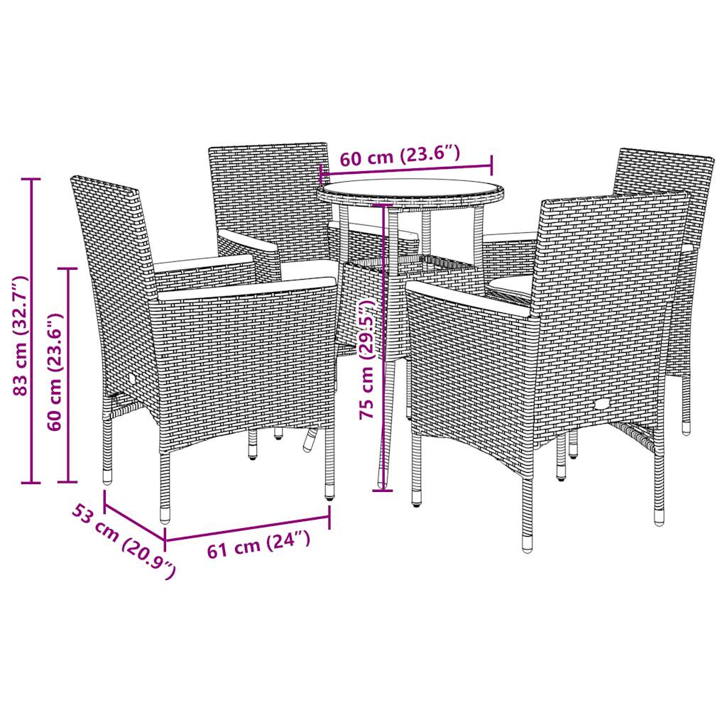 Set Pranzo da Giardino 5 pz con Cuscini Nero Polyrattan Acacia - immagine 7