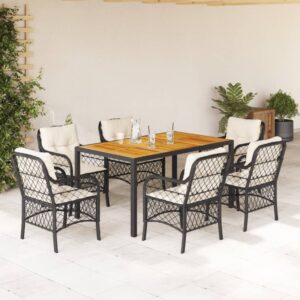 Set da Pranzo da Giardino 7 pz Nero con Cuscini in Polyrattan