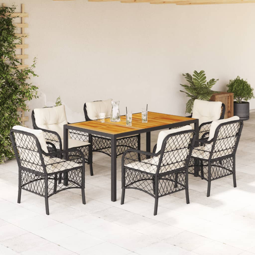 Set da Pranzo da Giardino 7 pz Nero con Cuscini in Polyrattan