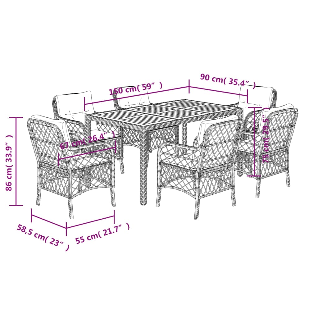 Set da Pranzo da Giardino 7 pz Nero con Cuscini in Polyrattan - immagine 7