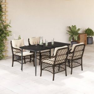 Set da Pranzo da Giardino 5pz con Cuscini in Polyrattan Marrone