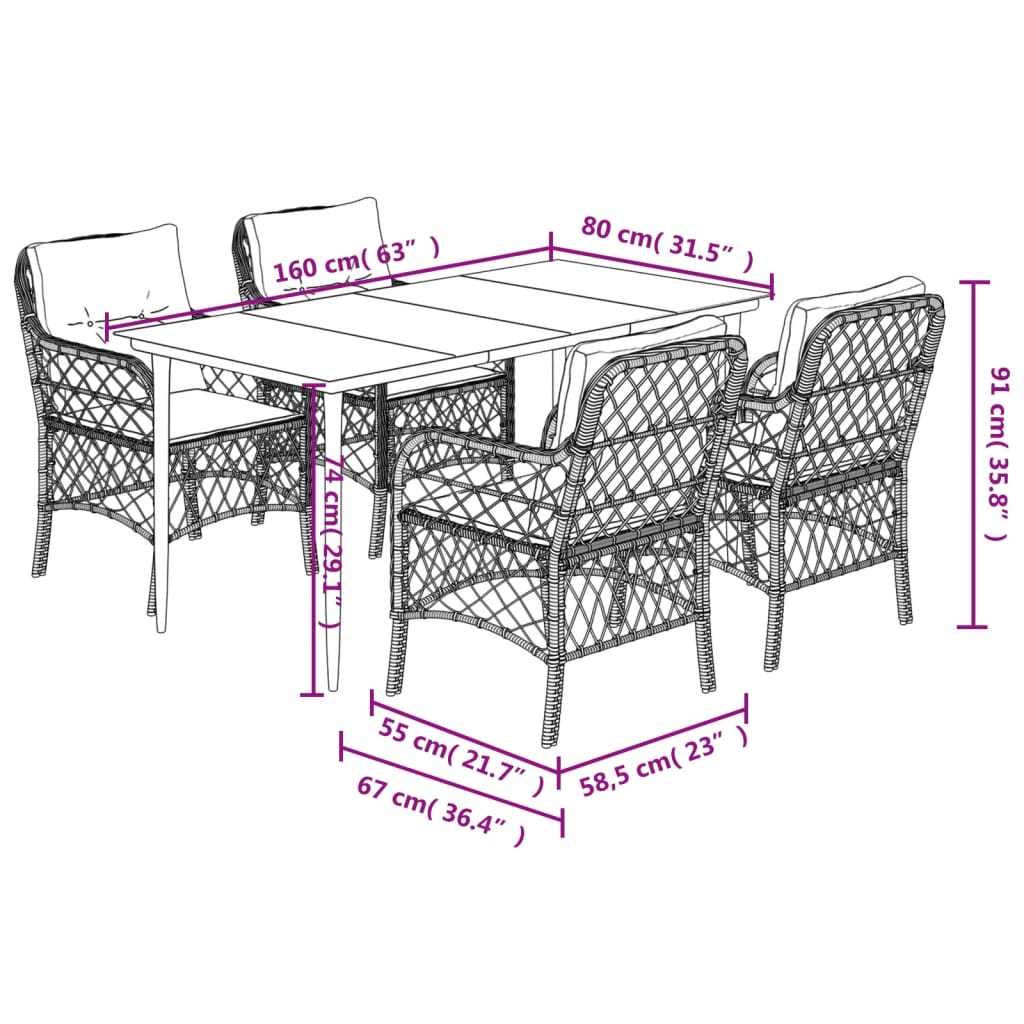 Set da Pranzo da Giardino 5pz con Cuscini in Polyrattan Marrone - immagine 7