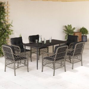 Set da Pranzo da Giardino 7 pz con Cuscini in Polyrattan Grigio