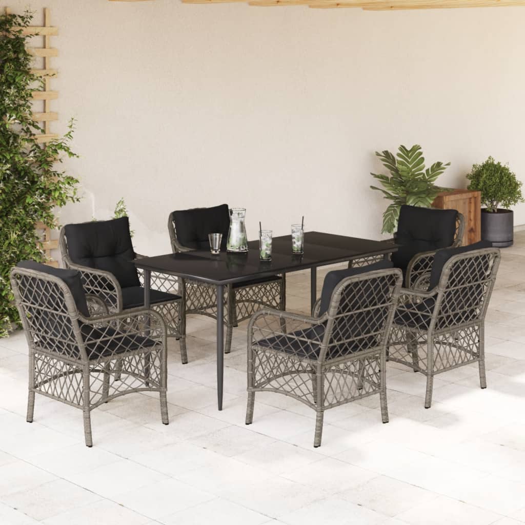 Set da Pranzo da Giardino 7 pz con Cuscini in Polyrattan Grigio