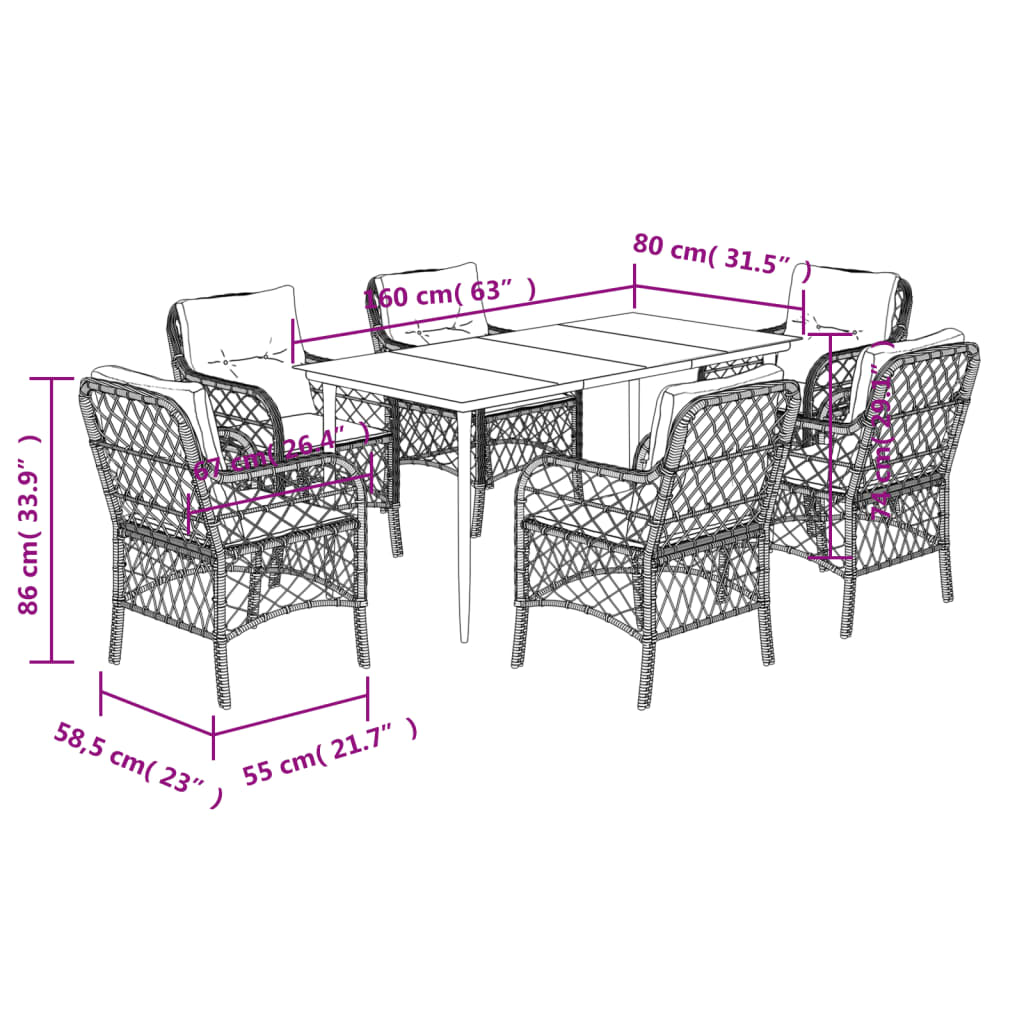 Set da Pranzo da Giardino 7 pz con Cuscini in Polyrattan Grigio - immagine 7