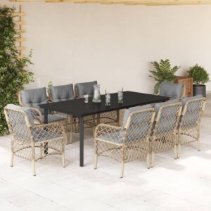 Set Pranzo da Giardino 9 pz con Cuscini Beige Misto Polyrattan