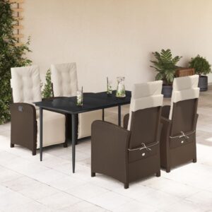 Set da Pranzo da Giardino 5pz con Cuscini in Polyrattan Marrone