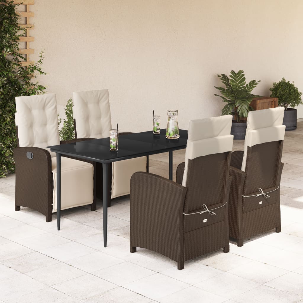 Set da Pranzo da Giardino 5pz con Cuscini in Polyrattan Marrone