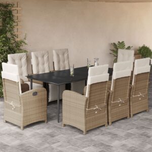 Set da Pranzo da Giardino 9 pz con Cuscini Beige in Polyrattan