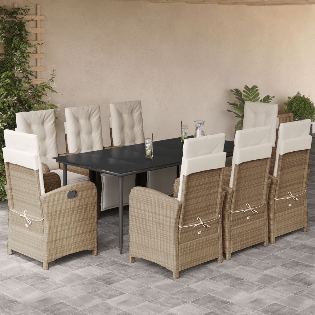 Set da Pranzo da Giardino 9 pz con Cuscini Beige in Polyrattan
