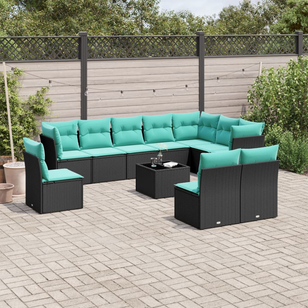 Set Divani da Giardino 11 pz con Cuscini in Polyrattan Nero
