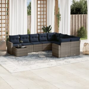 Set Divani da Giardino 10 pz con Cuscini Grigio in Polyrattan