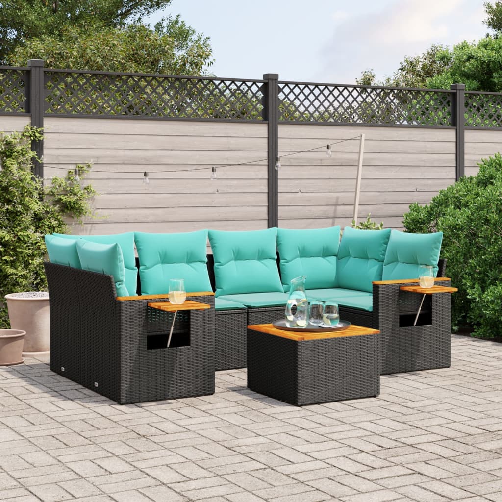 Set Divani da Giardino 7 pz con Cuscini Nero in Polyrattan