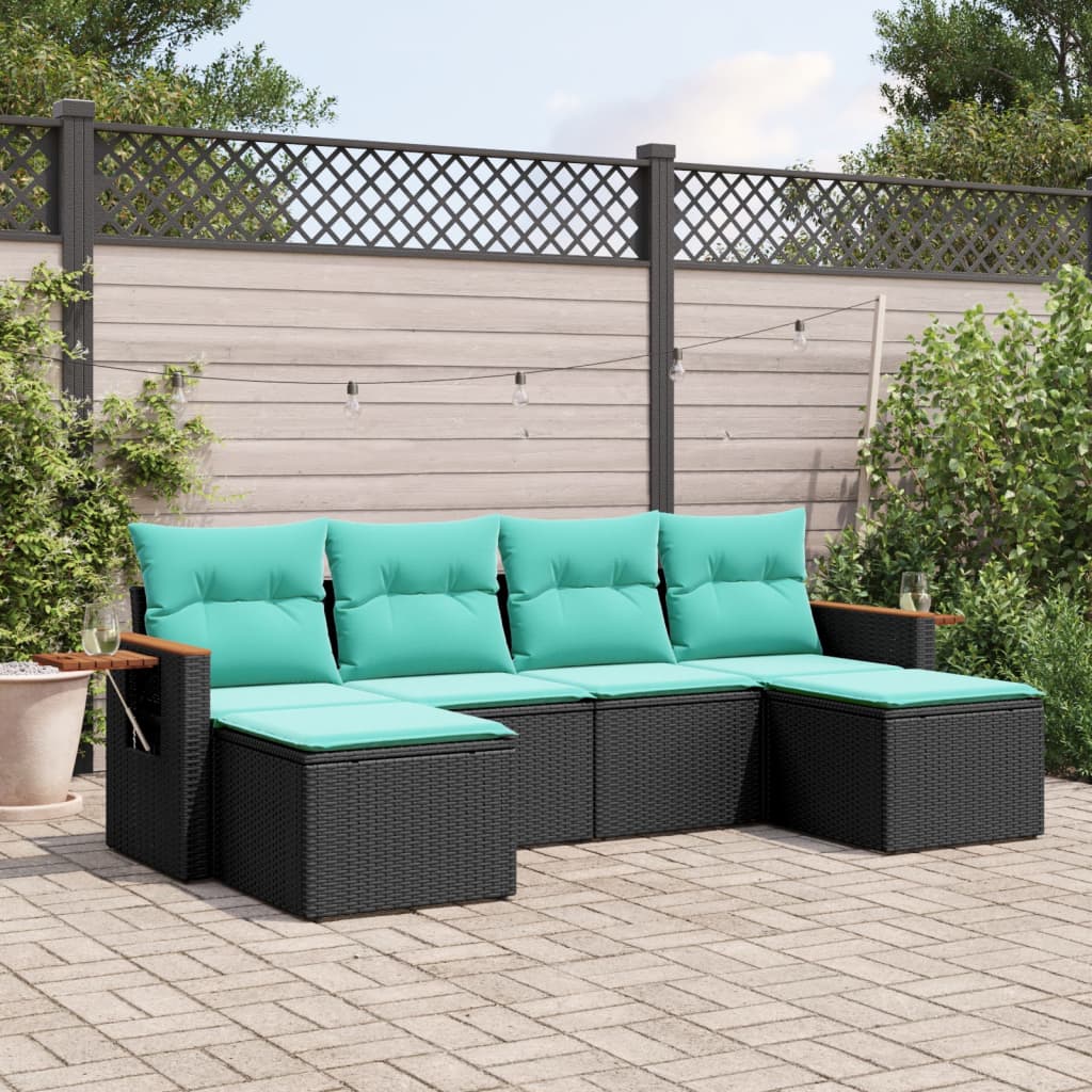 Set Divano da Giardino 6 pz con Cuscini Nero in Polyrattan