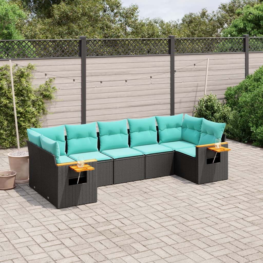 Set Divani da Giardino 7 pz con Cuscini Nero in Polyrattan