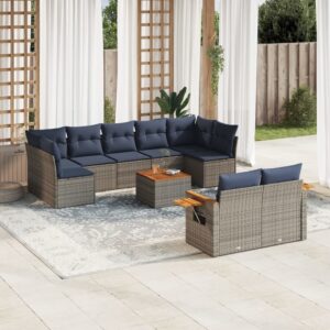 Set Divani da Giardino 10 pz con Cuscini Grigio in Polyrattan