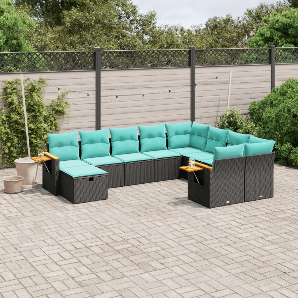 Set Divani da Giardino 10 pz con Cuscini Nero in Polyrattan