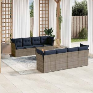 Set Divani da Giardino 9 pz con Cuscini Grigio in Polyrattan