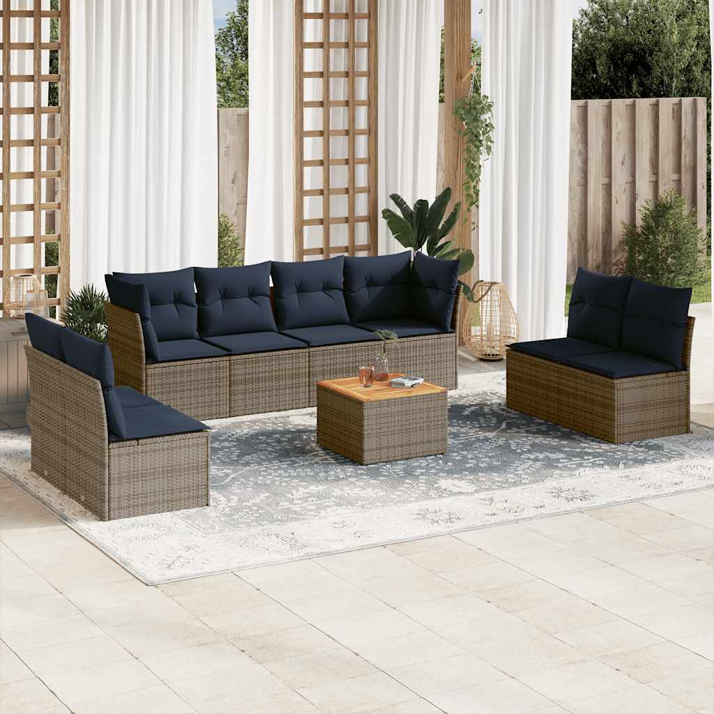 Set Divani da Giardino 9 pz con Cuscini Grigio in Polyrattan