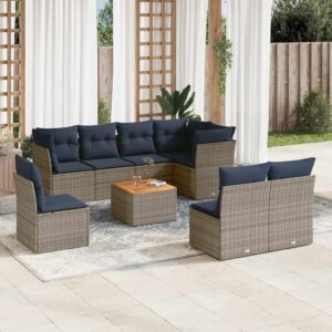 Set Divani da Giardino 9 pz con Cuscini Grigio in Polyrattan
