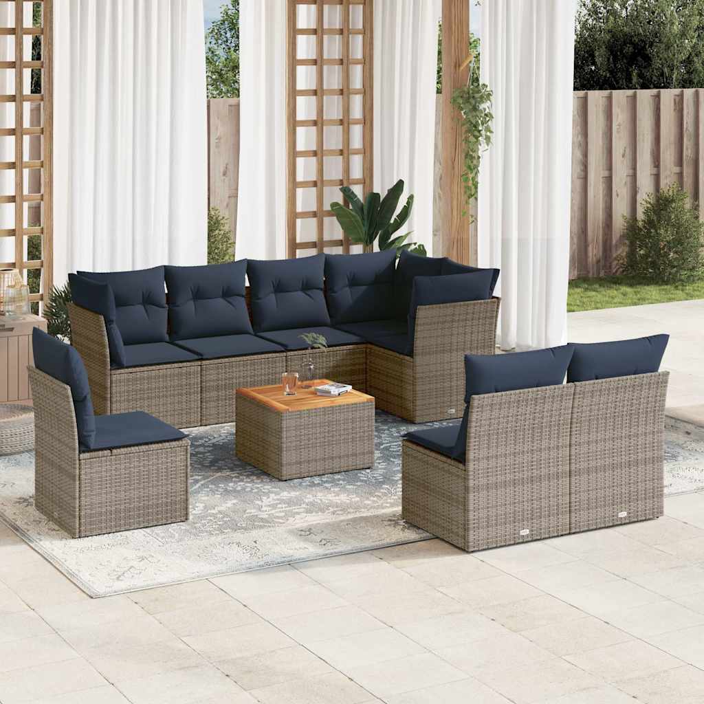 Set Divani da Giardino 9 pz con Cuscini Grigio in Polyrattan