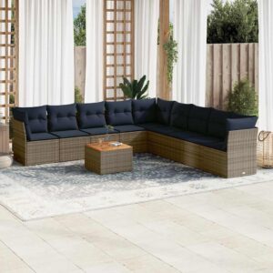 Set Divani da Giardino 10 pz con Cuscini Grigio in Polyrattan