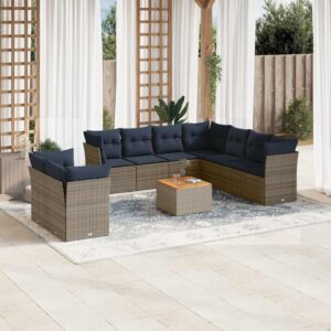 Set Divani da Giardino 10 pz con Cuscini in Polyrattan Grigio
