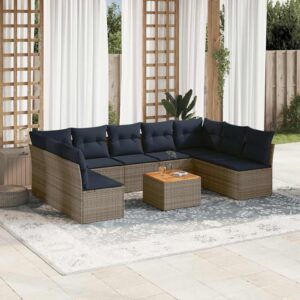 Set Divani da Giardino 10 pz con Cuscini Grigio in Polyrattan