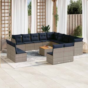 Set Divani da Giardino 14pz con Cuscini in Polyrattan Grigio