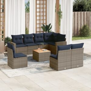 Set Divani da Giardino 9 pz con Cuscini Grigio in Polyrattan
