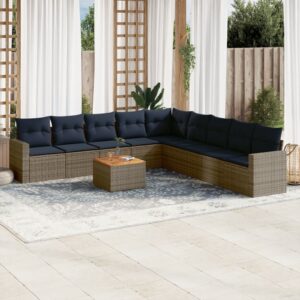 Set Divani da Giardino 10 pz con Cuscini Grigio in Polyrattan