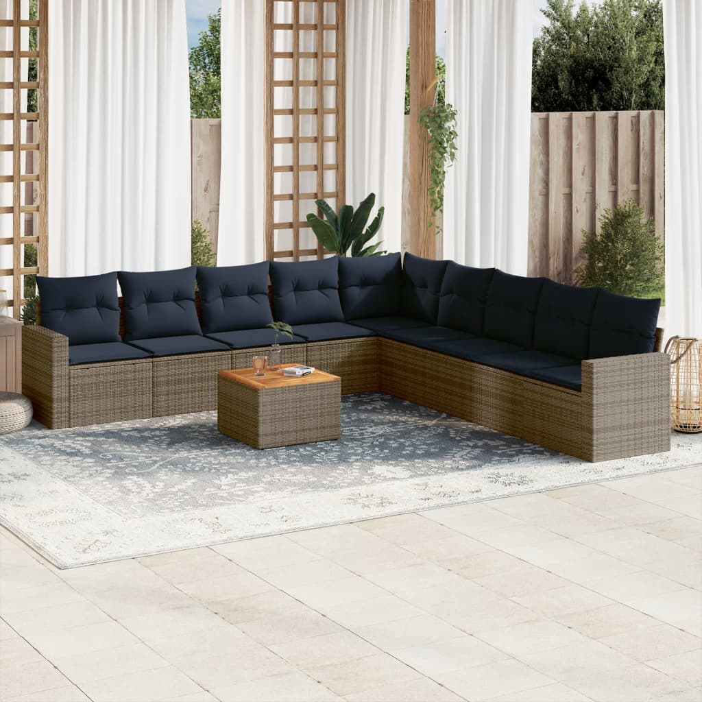 Set Divani da Giardino 10 pz con Cuscini Grigio in Polyrattan