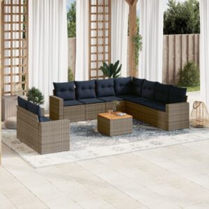 Set Divani da Giardino 10 pz con Cuscini Grigio in Polyrattan