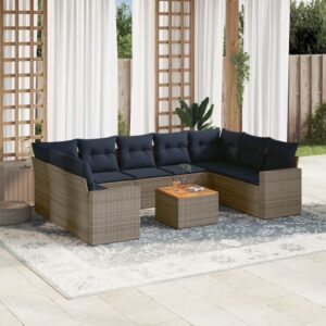 Set Divani da Giardino 10 pz con Cuscini Grigio in Polyrattan
